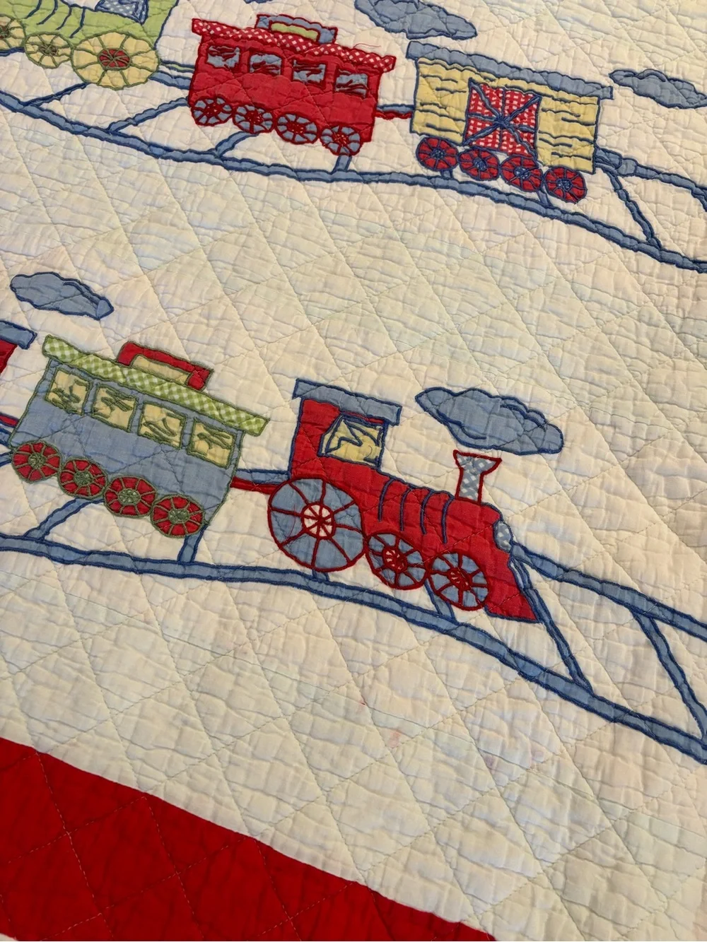 Train Appliqué Twin Quilt Bedding Set Shams Bed Skirt Valance Blue 100% Cotton